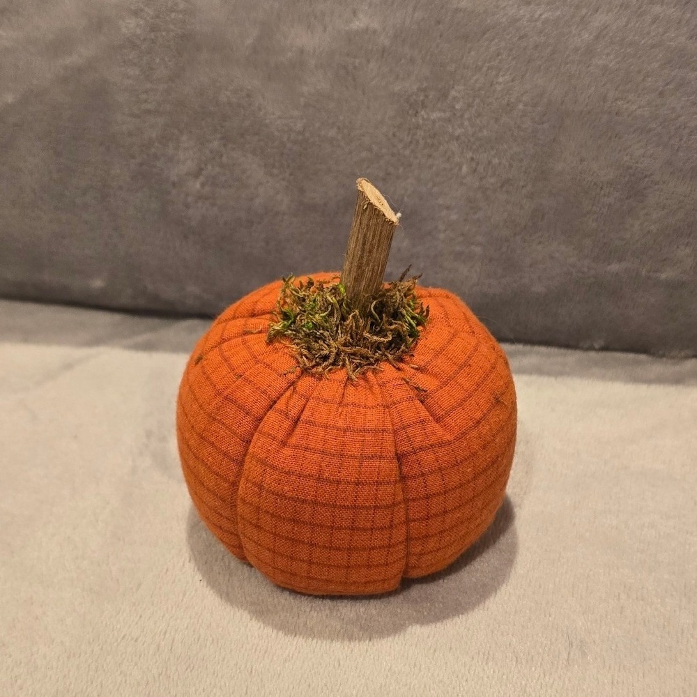 Rustic Fabric Pumpkin Decoration with Wood Stem and Moss Accent Orange Grid